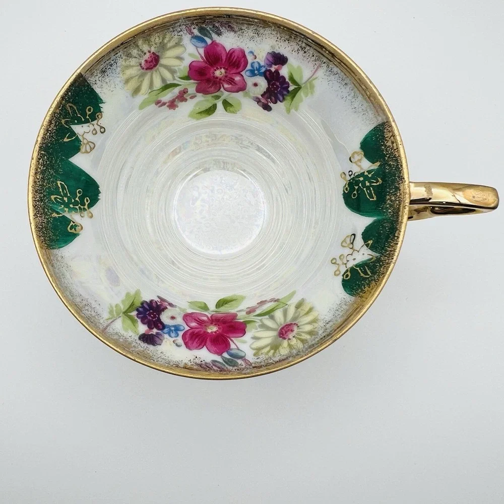 Trimont Ware Japan Pedestal Teacup Saucer Floral Gold Gilt Luster Vintage Tea Se